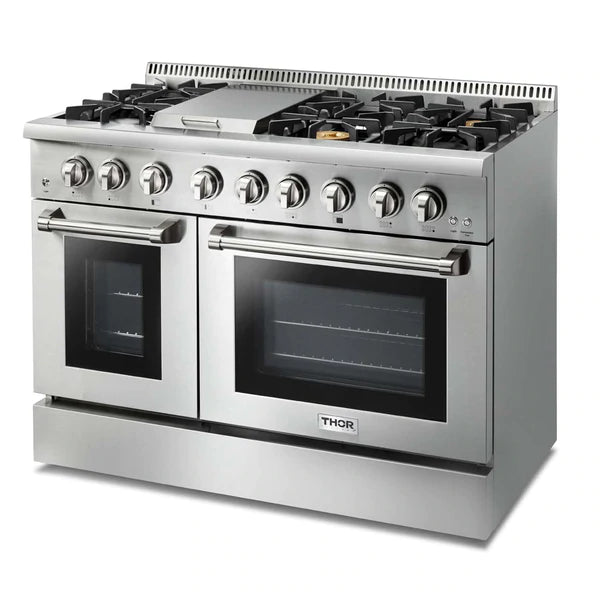 Thor Kitchen 5-Piece Pro Appliance Package - 48" Dual Fuel Range, French Door Refrigerator, Dishwasher, Under Cabinet Hood, and Microwave Drawer in Stainless Steel