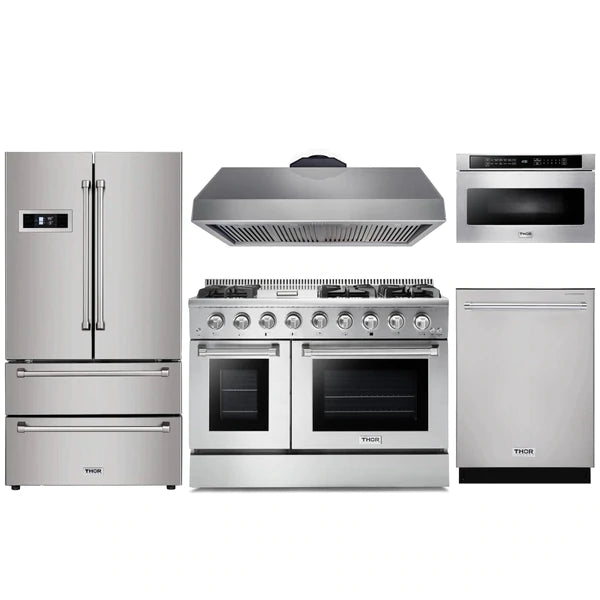 Thor Kitchen 5-Piece Pro Appliance Package - 48" Gas Range, French Door Refrigerator, Dishwasher, Under Cabinet Hood, and Microwave Drawer in Stainless Steel
