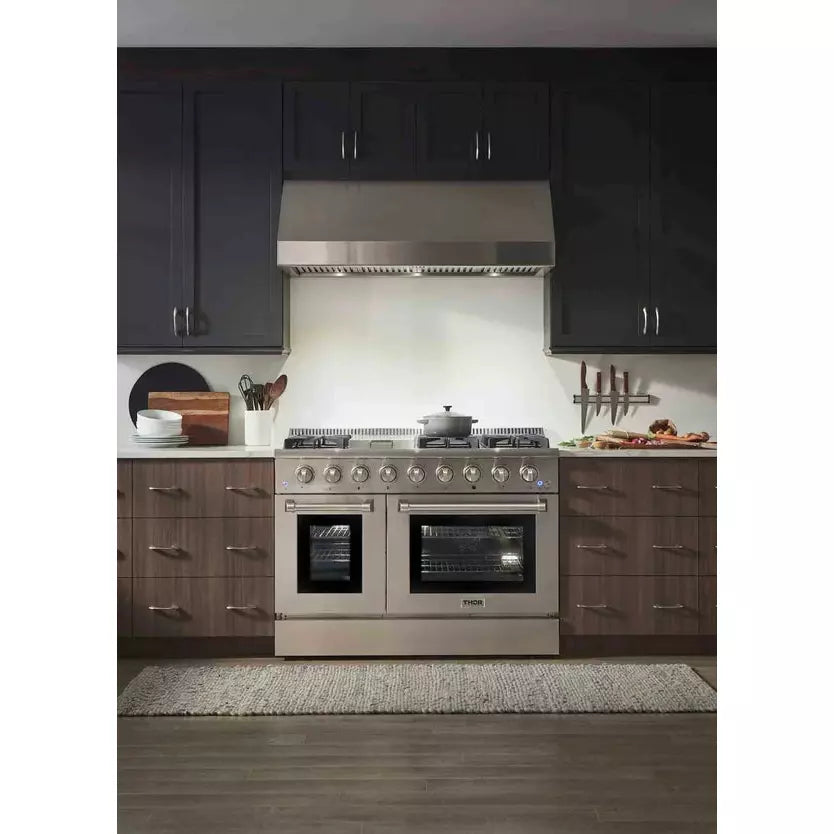 Thor Kitchen 5-Piece Pro Appliance Package - 48" Gas Range, French Door Refrigerator, Dishwasher, Under Cabinet Hood, and Microwave Drawer in Stainless Steel