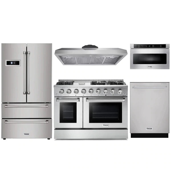 Thor Kitchen 5-Piece Pro Appliance Package - 48" Gas Range, French Door Refrigerator, Dishwasher, Under Cabinet Hood, and Microwave Drawer in Stainless Steel