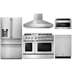 Thor Kitchen 5-Piece Pro Appliance Package - 48-Inch Dual Fuel Range, Refrigerator with Water Dispenser, Dishwasher, Pro Wall Mount Hood, & Microwave Drawer in Stainless Steel