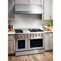 Thor Kitchen 5-Piece Pro Appliance Package - 48-Inch Dual Fuel Range, Under Cabinet Hood, Refrigerator with Water Dispenser, Dishwasher, & Wine Cooler in Stainless Steel