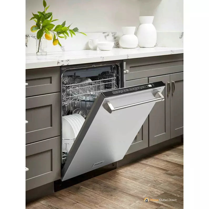 Thor Kitchen 5-Piece Pro Appliance Package - 48-Inch Dual Fuel Range, Under Cabinet Hood, Refrigerator with Water Dispenser, Dishwasher, & Wine Cooler in Stainless Steel