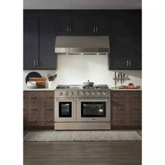 Thor Kitchen 5-Piece Pro Appliance Package - 48-Inch Dual Fuel Range, Under Cabinet Hood, Refrigerator with Water Dispenser, Dishwasher, & Wine Cooler in Stainless Steel