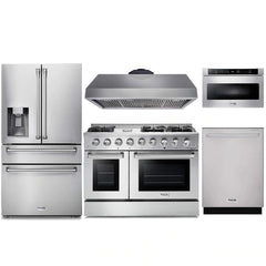 Thor Kitchen 5-Piece Pro Appliance Package - 48-Inch Gas Range, Refrigerator with Water Dispenser, Dishwasher, Under Cabinet Hood, & Microwave Drawer in Stainless Steel