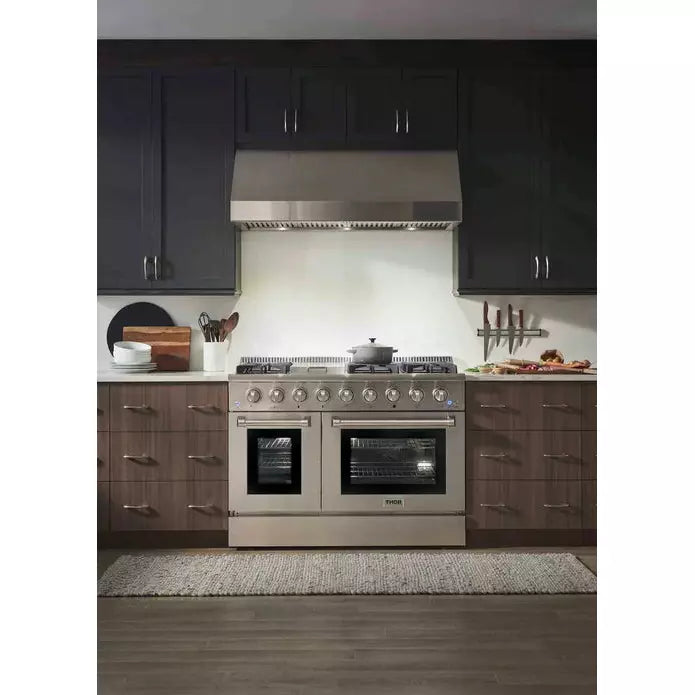 Thor Kitchen 5-Piece Pro Appliance Package - 48-Inch Gas Range, Refrigerator with Water Dispenser, Dishwasher, & Wine Cooler in Stainless Steel