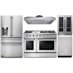Thor Kitchen 5-Piece Pro Appliance Package - 48-Inch Gas Range, Refrigerator with Water Dispenser, Dishwasher, & Wine Cooler in Stainless Steel