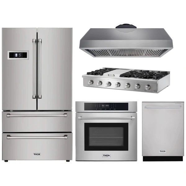 Thor Kitchen 5-Piece Pro Appliance Package - 48" Rangetop, Wall Oven, Premium Hood, Dishwasher & Refrigerator in Stainless Steel
