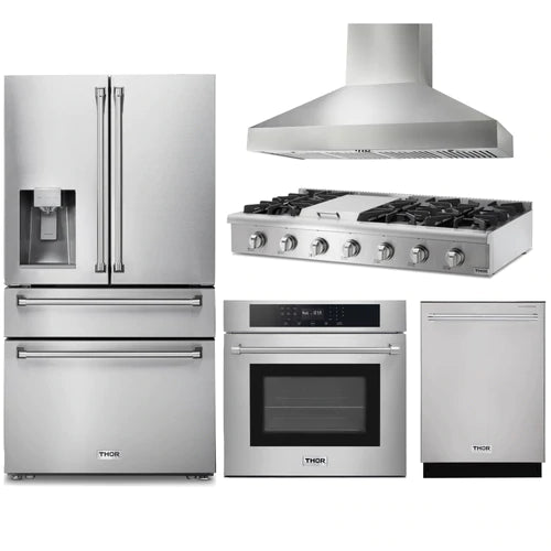 Thor Kitchen 5-Piece Pro Appliance Package - 48" Rangetop, Wall Oven, Pro Wall Mount Hood, Dishwasher & Refrigerator with Water Dispenser in Stainless Steel