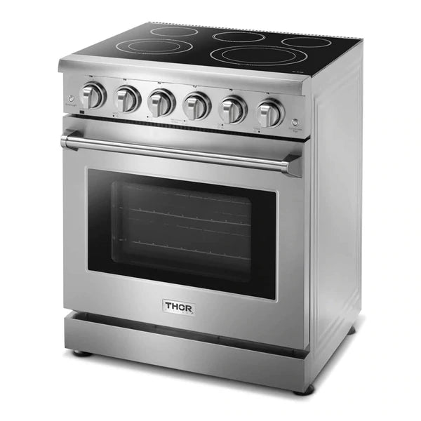 Thor Kitchen 6-Piece Appliance Package - 30" Electric Range, French Door Refrigerator, Wall Mount Hood, Dishwasher, Microwave Drawer, & Wine Cooler in Stainless Steel