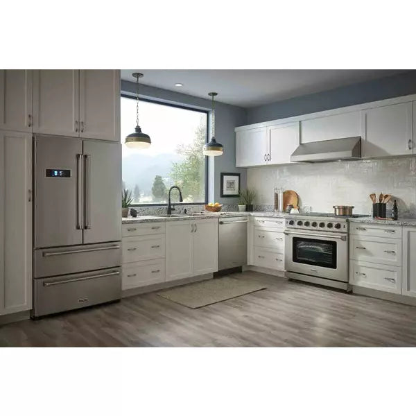 Thor Kitchen 6-Piece Appliance Package - 36" Gas Range, French Door Refrigerator, Wall Mount Hood, Dishwasher, Microwave Drawer, & Wine Cooler in Stainless Steel