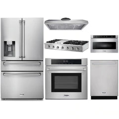 Thor Kitchen 6-Piece Appliance Package - 48-Inch Gas Range, Wall Oven, Premium Hood, Refrigerator with Water Dispenser, Dishwasher, Microwave Drawer, & Wine Cooler in Stainless Steel