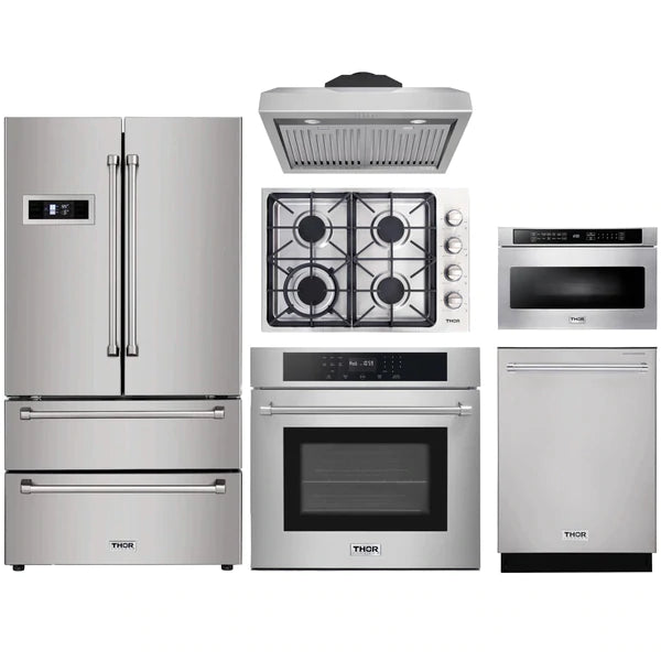 Thor Kitchen 6-Piece Pro Appliance Package - 30" Cooktop, Wall Oven, Under Cabinet Hood, Refrigerator, Dishwasher, & Microwave Drawer in Stainless Steel