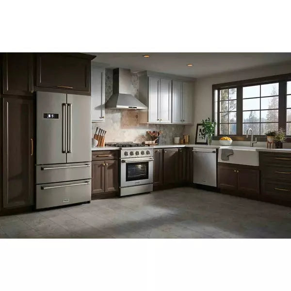 Thor Kitchen 6-Piece Pro Appliance Package - 30" Dual Fuel Range, French Door Refrigerator, Wall Mount Hood, Dishwasher, Microwave Drawer, & Wine Cooler in Stainless Steel