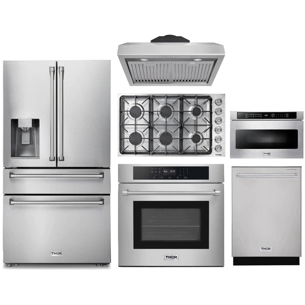 Thor Kitchen 6-Piece Pro Appliance Package - 36" Cooktop, Wall Oven, Under Cabinet Hood, Refrigerator with Water Dispenser, Dishwasher & Microwave Drawer in Stainless Steel