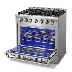 Thor Kitchen 6-Piece Pro Appliance Package - 36" Gas Range, French Door Refrigerator, Under Cabinet Hood, Dishwasher, Microwave Drawer, & Wine Cooler in Stainless Steel