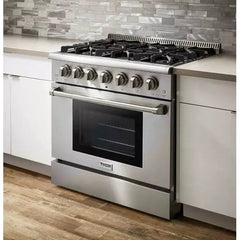 Thor Kitchen 6-Piece Pro Appliance Package - 36" Gas Range, French Door Refrigerator, Under Cabinet Hood, Dishwasher, Microwave Drawer, & Wine Cooler in Stainless Steel