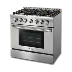 Thor Kitchen 6-Piece Pro Appliance Package - 36-Inch Gas Range, Refrigerator with Water Dispenser, Wall Mount Hood, Dishwasher, Microwave Drawer, & Wine Cooler in Stainless Steel