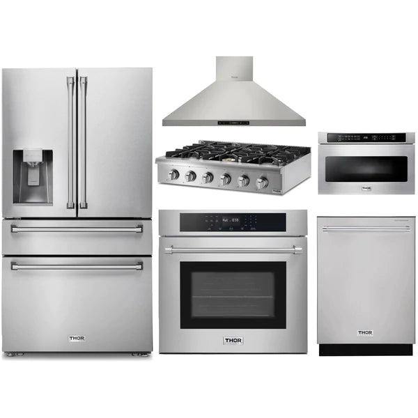 Thor Kitchen 6-Piece Pro Appliance Package - 36" Rangetop, Wall Oven, Wall Mount Hood, Refrigerator with Water Dispenser, Dishwasher, & Microwave in Stainless Steel