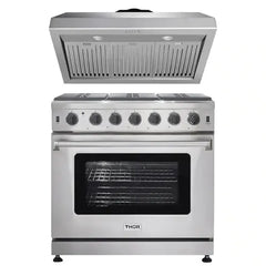 Thor Kitchen 2-Piece Appliance Package - 36" Gas Range & Premium Under Cabinet Hood in Stainless Steel - The Home Selection