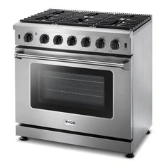 Thor Kitchen 2-Piece Appliance Package - 36" Gas Range & Premium Wall Mount Hood in Stainless Steel - The Home Selection