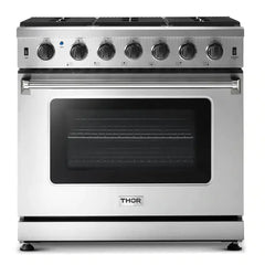 Thor Kitchen 2-Piece Appliance Package - 36" Gas Range & Premium Wall Mount Hood in Stainless Steel - The Home Selection