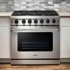 Thor Kitchen 2-Piece Appliance Package - 36" Gas Range & Premium Wall Mount Hood in Stainless Steel - The Home Selection