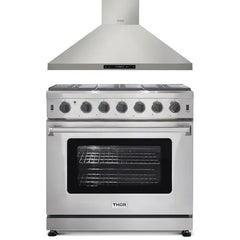 Thor Kitchen 2-Piece Appliance Package - 36" Gas Range & Premium Wall Mount Hood in Stainless Steel - The Home Selection