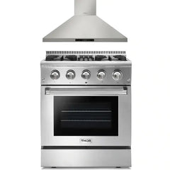 Thor Kitchen 2-Piece Pro Appliance Package - 30" Dual Fuel Range & Premium Wall Mount Hood in Stainless Steel - The Home Selection