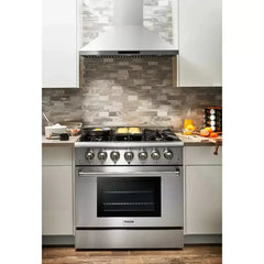 Thor Kitchen 2-Piece Pro Appliance Package - 36" Dual Fuel Range & Premium Wall Mount Hood in Stainless Steel - The Home Selection