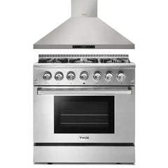 Thor Kitchen 2-Piece Pro Appliance Package - 36" Dual Fuel Range & Premium Wall Mount Hood in Stainless Steel - The Home Selection