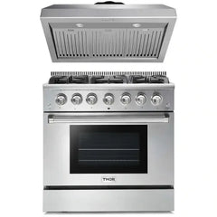 Thor Kitchen 2-Piece Pro Appliance Package - 36" Gas Range & Premium Under Cabinet Hood in Stainless Steel - The Home Selection