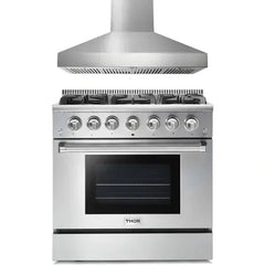 Thor Kitchen 2-Piece Pro Appliance Package - 36" Gas Range & Premium Wall Mount Hood in Stainless Steel - The Home Selection
