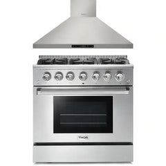 Thor Kitchen 2-Piece Pro Appliance Package - 36" Gas Range & Premium Wall Mount Hood in Stainless Steel - The Home Selection