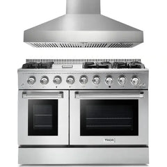 Thor Kitchen 2-Piece Pro Appliance Package - 48" Gas Range & Pro Wall Mount Hood in Stainless Steel - The Home Selection