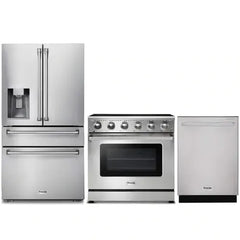 Thor Kitchen 3-Piece Appliance Package - 36-Inch Electric Range, Refrigerator with Water Dispenser, & Dishwasher in Stainless Steel - The Home Selection
