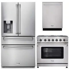 Thor Kitchen 3-Piece Appliance Package - 36-Inch Gas Range, Dishwasher & Refrigerator with Water Dispenser in Stainless Steel - The Home Selection