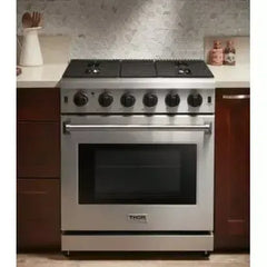 Thor Kitchen 30 in. Natural Gas Range, 36 in. Refrigerator with Water and Ice Dispenser & 24 in. Dishwasher - The Home Selection