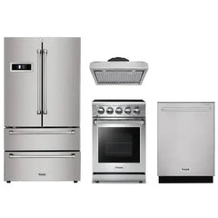 Thor Kitchen 4-Piece Appliance Package - 24" Electric Range, French Door Refrigerator, Under Cabinet Hood, and Dishwasher in Stainless Steel - The Home Selection