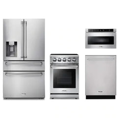 Thor Kitchen 4-Piece Appliance Package - 24-Inch Electric Range, Refrigerator with Water Dispenser, Dishwasher, & Microwave Drawer in Stainless Steel - The Home Selection