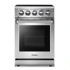 Thor Kitchen 4-Piece Appliance Package - 24-Inch Electric Range, Refrigerator with Water Dispenser, Under Cabinet Hood, & Dishwasher in Stainless Steel - The Home Selection