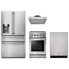 Thor Kitchen 4-Piece Appliance Package - 24-Inch Electric Range, Refrigerator with Water Dispenser, Under Cabinet Hood, & Dishwasher in Stainless Steel - The Home Selection