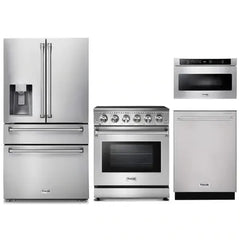 Thor Kitchen 4-Piece Appliance Package - 30-Inch Electric Range, Refrigerator with Water Dispenser, Dishwasher, & Microwave Drawer in Stainless Steel - The Home Selection