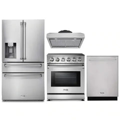 Thor Kitchen 4-Piece Appliance Package - 30-Inch Electric Range, Refrigerator with Water Dispenser, Under Cabinet Hood, & Dishwasher in Stainless Steel - The Home Selection
