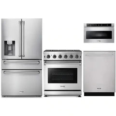 Thor Kitchen 4-Piece Appliance Package - 30-Inch Gas Range, Refrigerator with Water Dispenser, Dishwasher, & Microwave Drawer in Stainless Steel - The Home Selection