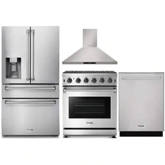 Thor Kitchen 4-Piece Appliance Package - 30-Inch Gas Range, Refrigerator with Water Dispenser, Wall Mount Hood, & Dishwasher in Stainless Steel - The Home Selection