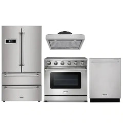 Thor Kitchen 4-Piece Appliance Package - 36" Electric Range, French Door Refrigerator, Under Cabinet Hood, and Dishwasher in Stainless Steel - The Home Selection