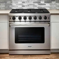 Thor Kitchen 4-Piece Appliance Package - 36" Gas Range, French Door Refrigerator, Dishwasher, and Microwave Drawer in Stainless Steel - The Home Selection