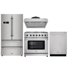 Thor Kitchen 4-Piece Appliance Package - 36" Gas Range, French Door Refrigerator, Under Cabinet Hood and Dishwasher in Stainless Steel - The Home Selection