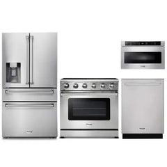 Thor Kitchen 4-Piece Appliance Package - 36-Inch Electric Range, Refrigerator with Water Dispenser, Dishwasher, & Microwave Drawer in Stainless Steel - The Home Selection